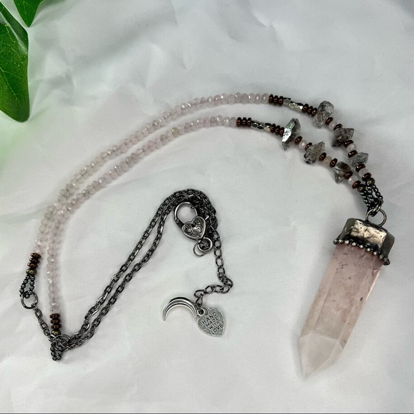 Herkimer Diamond & Rose Quartz Point Crystal Beaded Necklace - Picture 11 of 12